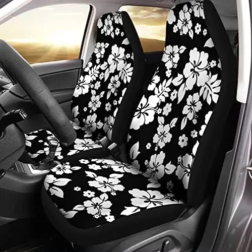 

Bulopur White Hibiscus Car Seat Covers - 2Pc Black Floral Auto Accessories for Front Seats