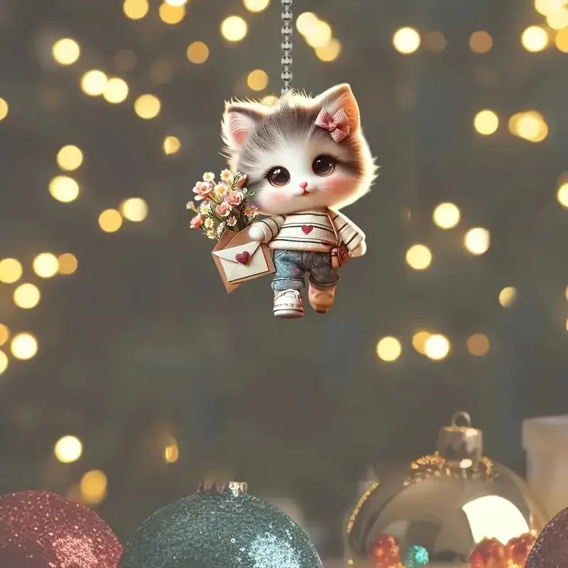 2D Flat Acrylic Cat Holding Flower Pendant, Car Rearview Mirror Interior Ornament, Christmas Hanging Decor for Backpack