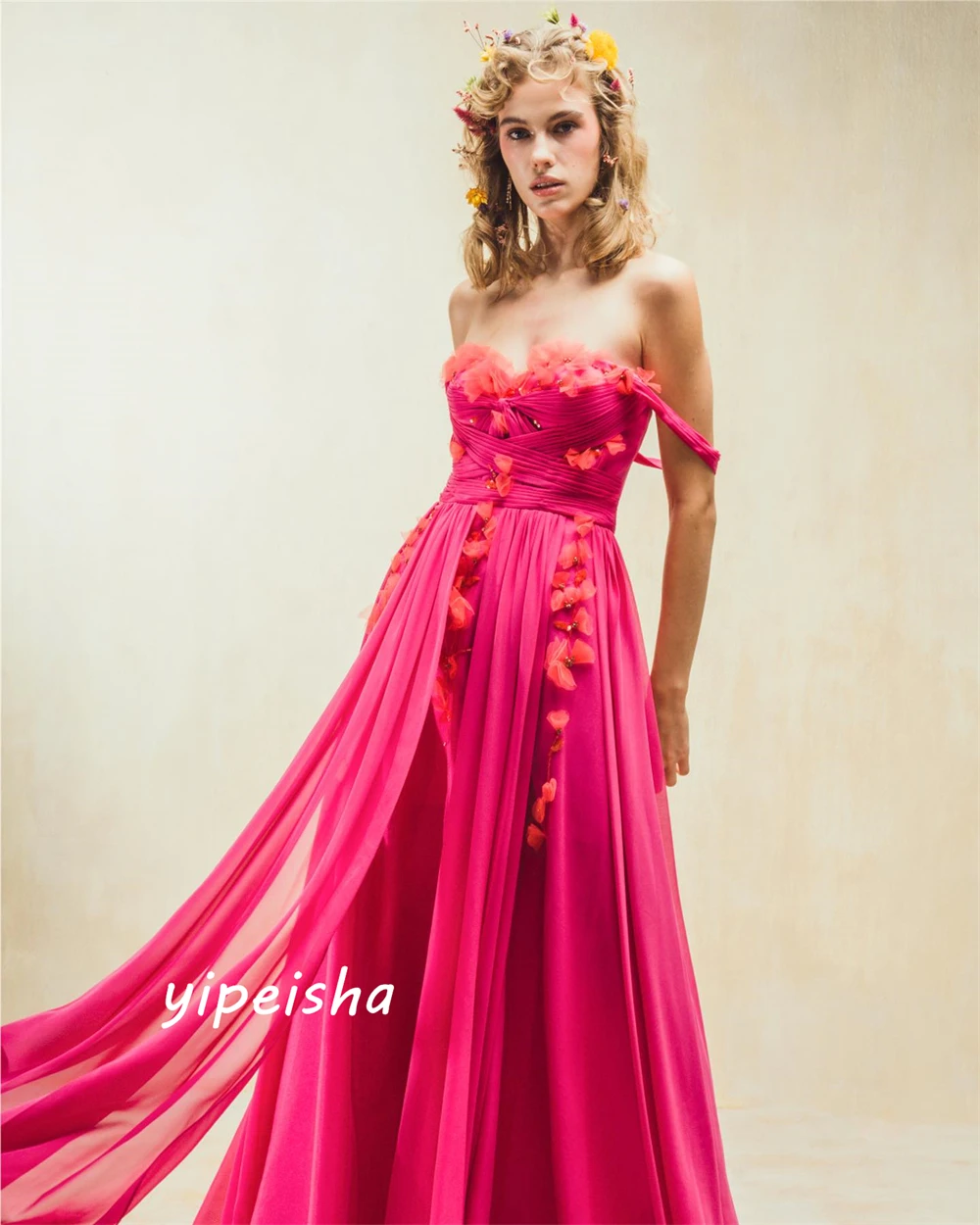 Elegant High Quality Off-the-shoulder A-line Formal Ocassion Gown Draped Tassel Floor Length Skirts Chiffon Evening Dress