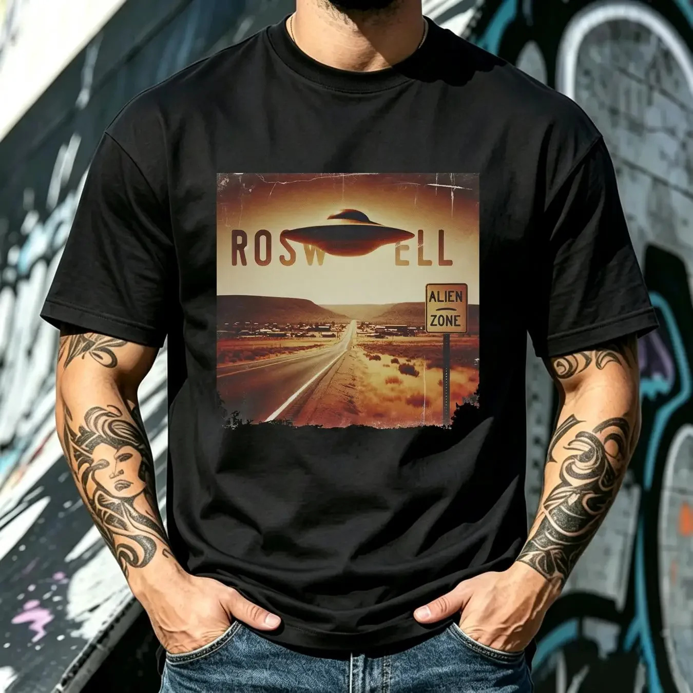 washed T Shirt UFO Roswell With Alien Zone Area 51 Lover Fan Grey Outer Space Funny Trending Now long or short sleeves vintage