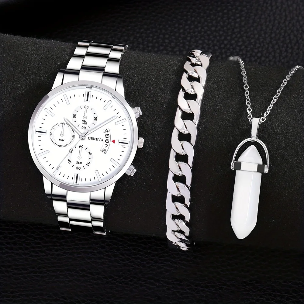 メンズカレンダークォーツ腕時計、ステンレススチールストラップとネックレスブレスレットセット、ビジネスファッション、セットあたり3個、1個