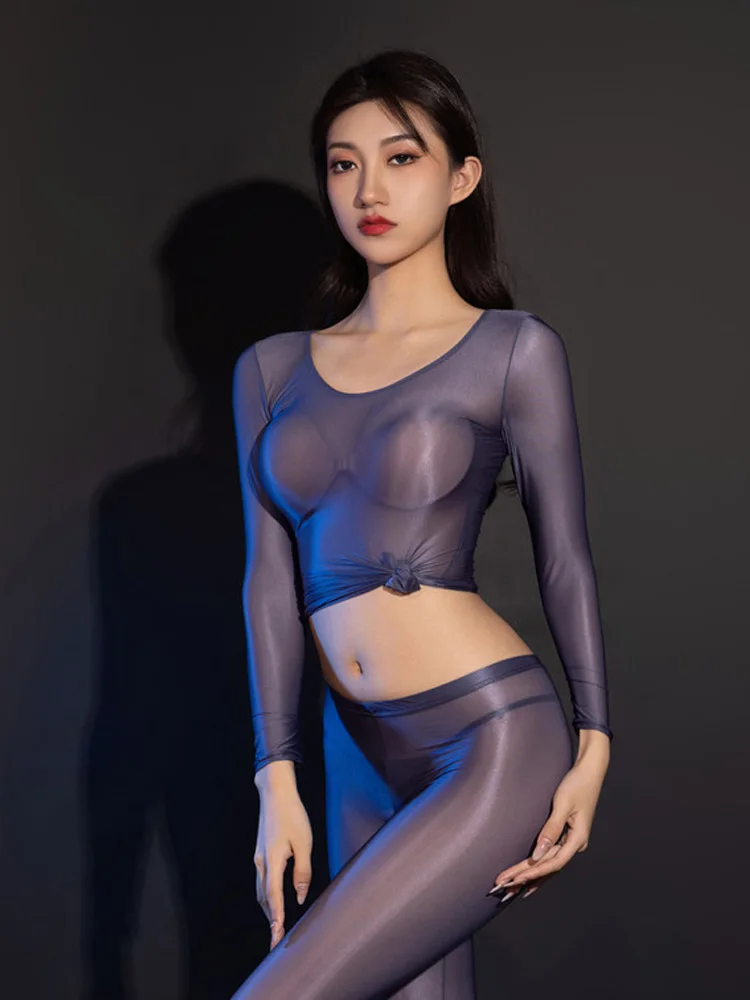 ผู้หญิงเซ็กซี่ Sheer ดูผ่านยืดหยุ่นบางเสื้อยืดแขนยาว O-คอฤดูร้อน Tops สุภาพสตรีเซ็กซี่ Tights สุภาพสตรีแฟชั่นคลับเครื่องแต่งกาย