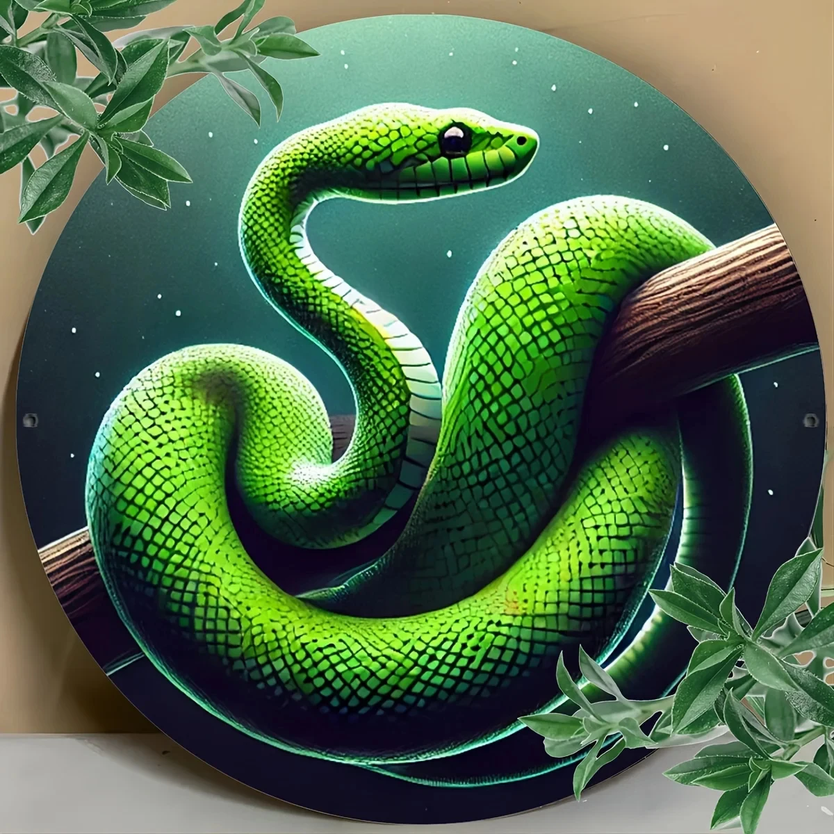 1 Piece 8 X 8inch (20 X 20cm) Green Snake-Shaped Sign Vintage Round Metal Aluminum Wall Art Sign - Bedroom, Kitchen, Dining Room, Bar Decoration