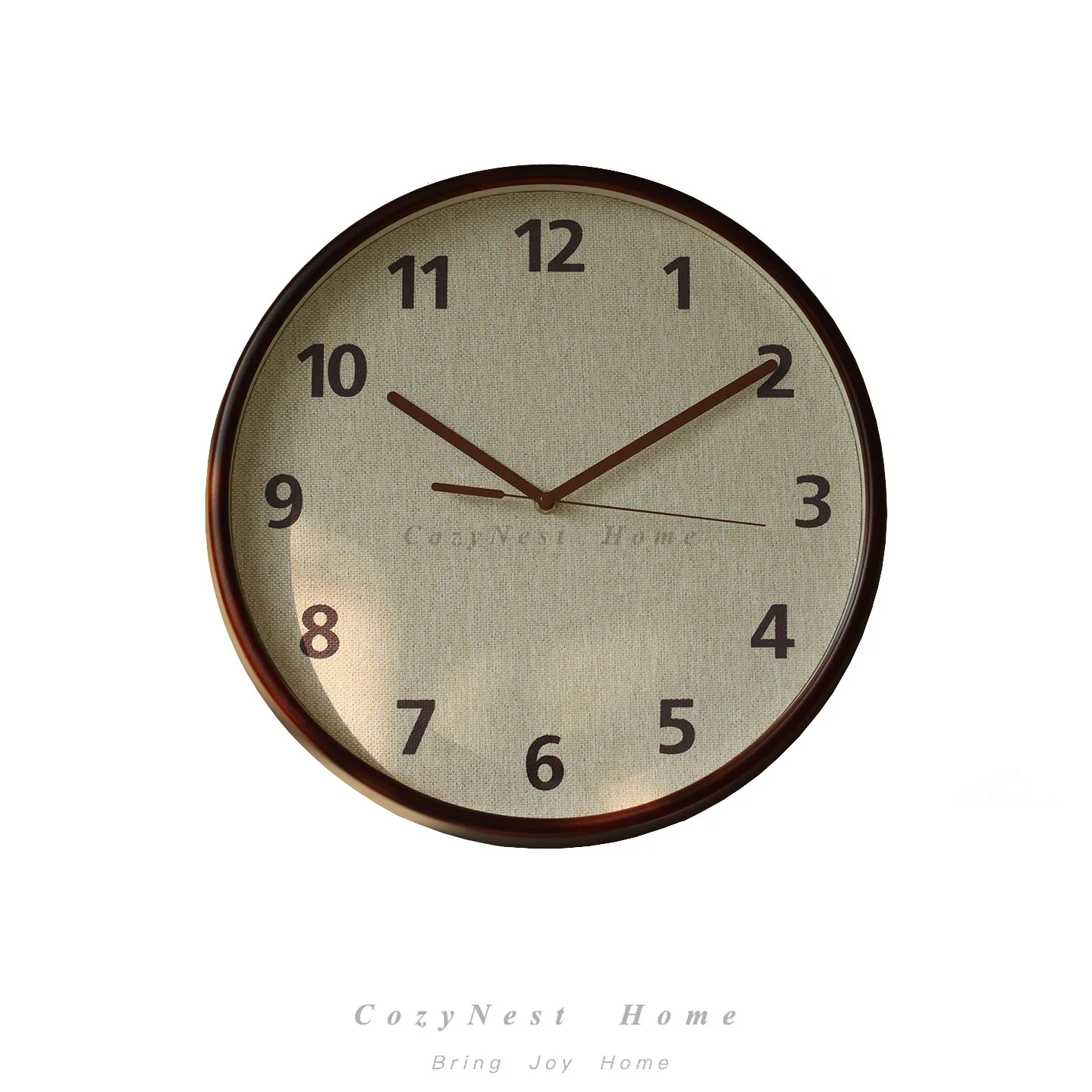 Retro pure solid wood silent living room wall clock modern simple and fashionable linen flannel surface clock atmospheric