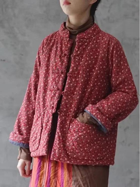 

Chinese Sle Cotton Jaet Winter Outerwear Faionable Button Front High Collar Thiened Long Sve Women's Coat