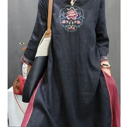 Chinese Style Cotton and Linen Retro Buckle Seven Quarter Sleeve Dress Heavy Embroidery Ethnic Summer Qipao Dress Long Skirt