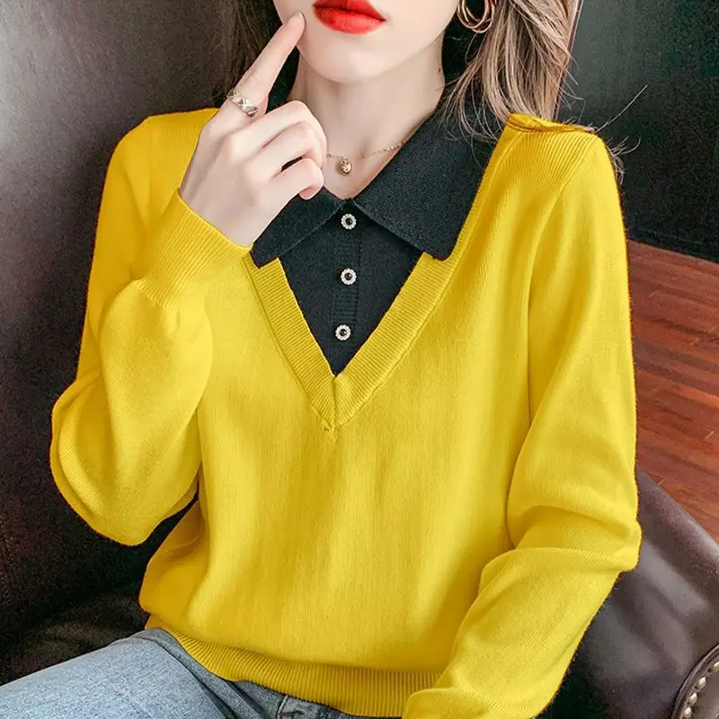 Long Sleeved Sweater Loose and Slimming Color Matching Fake Two-piece Knit Sweater Autumn and Winter New Base Coat Top Women