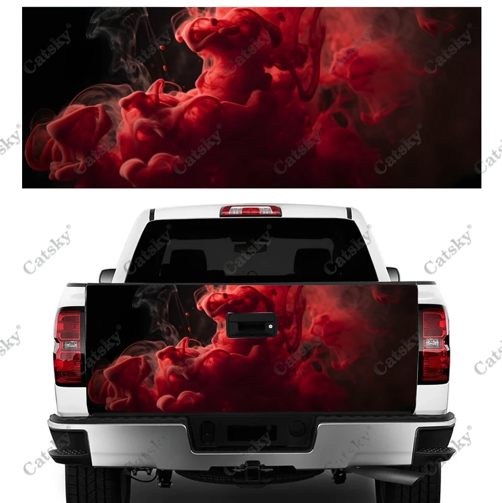 Abstract  Red Smoke Truck Tailgate Wrap Professional Grade Material Universal Fit for Full Size Trucks Weatherproof