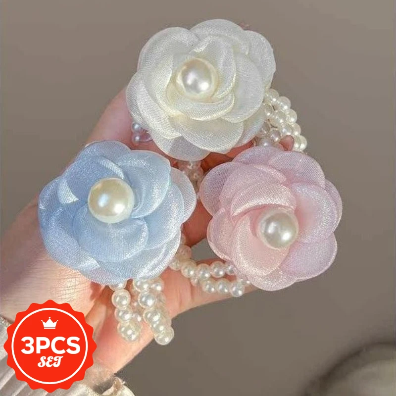 

3Pcs/set New Elegant Camellia Pearl Headband for Women with High Elasticity Ponytail Hair Tie and Rubber Band Hair Elastic