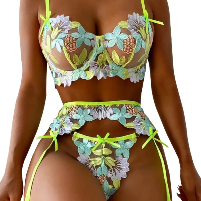 3 قطع النساء مثير الجسم الملابس الداخلية الدانتيل شبكة الأزهار التطريز الصدرية سيور شفافة الحميمة النيون الإناث المثيرة الملابس الداخلية مجموعات