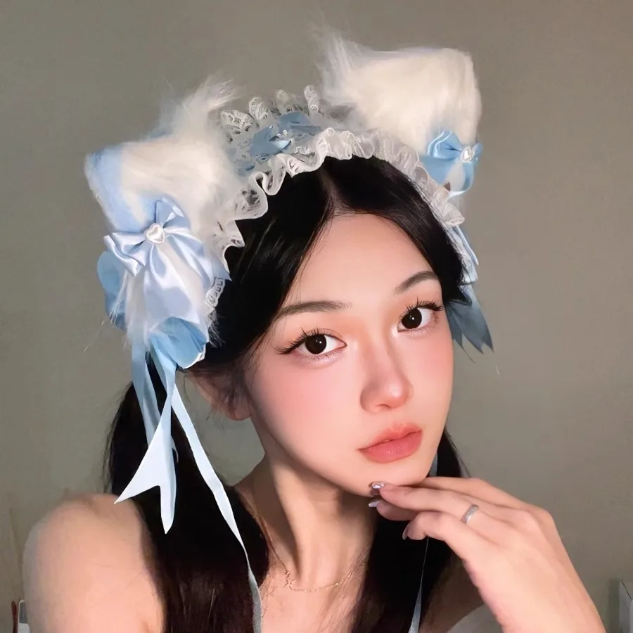 1PC Kawaii Kat Oren Hoofdband Kant Boog Hoofd Wrap Lolita Bruiloft Cosplay Meid Hoofdtooi Vrouwen Meisjes Anime Haaraccessoires