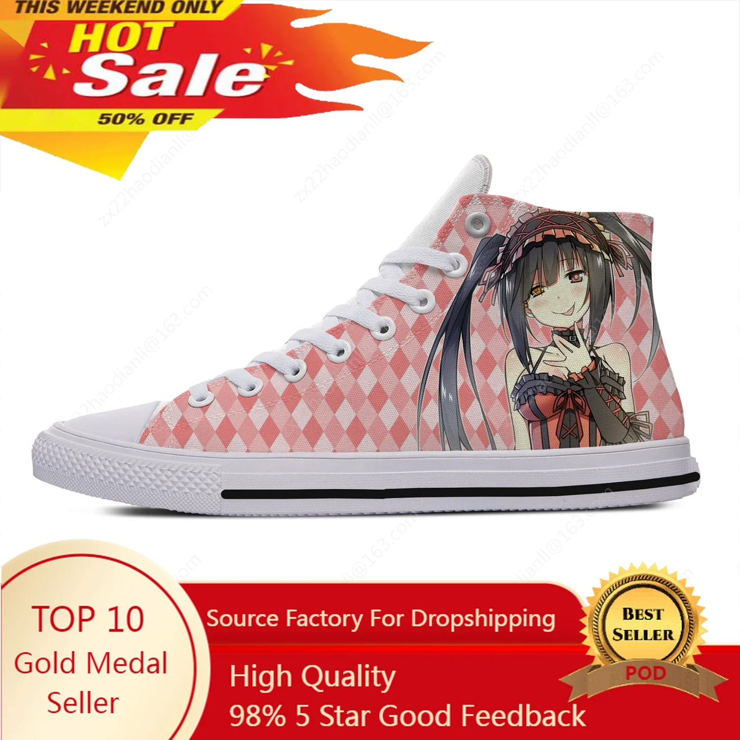 Date A Live Tokisaki Kurumi High Top Sneakers Mens Womens Teenager Casual Shoes Canvas Running Shoes 3D Print  Lightweight shoe