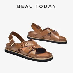 BEAUTODAY Leisure Sandals Women Genuine Cow Leather Cross-tied Solid Metal Strap Low Heel Summer Ladies Shoes Handmade 34566