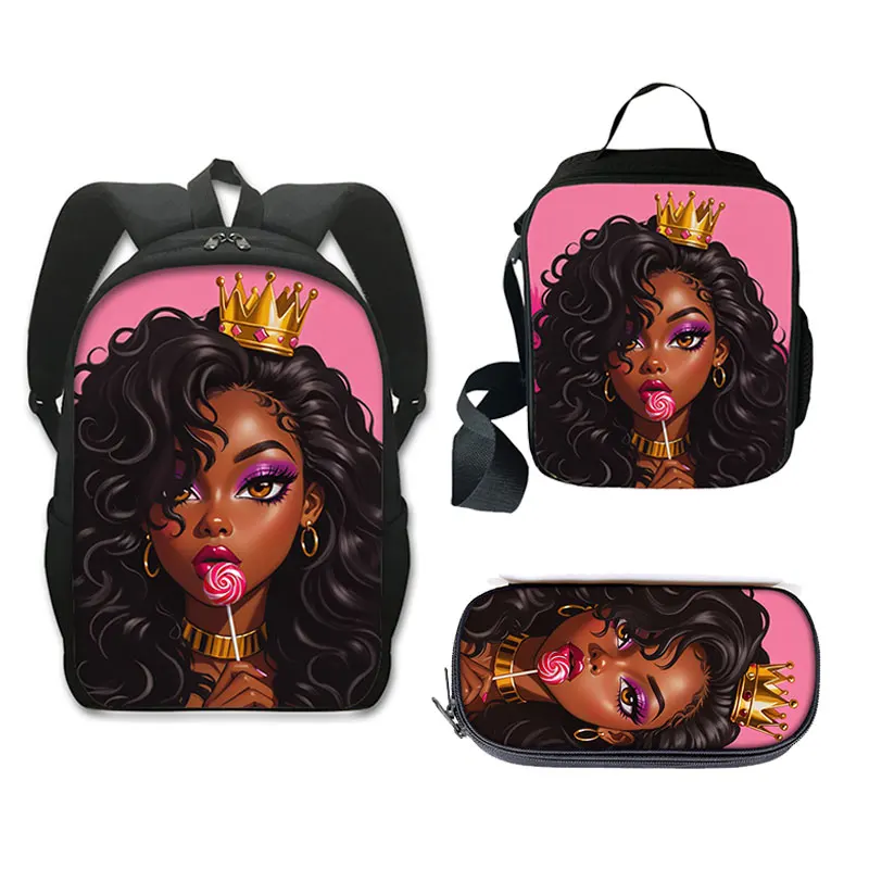 

3pcs/Set Black Women with Crown Backpack Afro Women Rucksack Student School Bags Children Bookbag Lunch Bag Penicl Case Gift