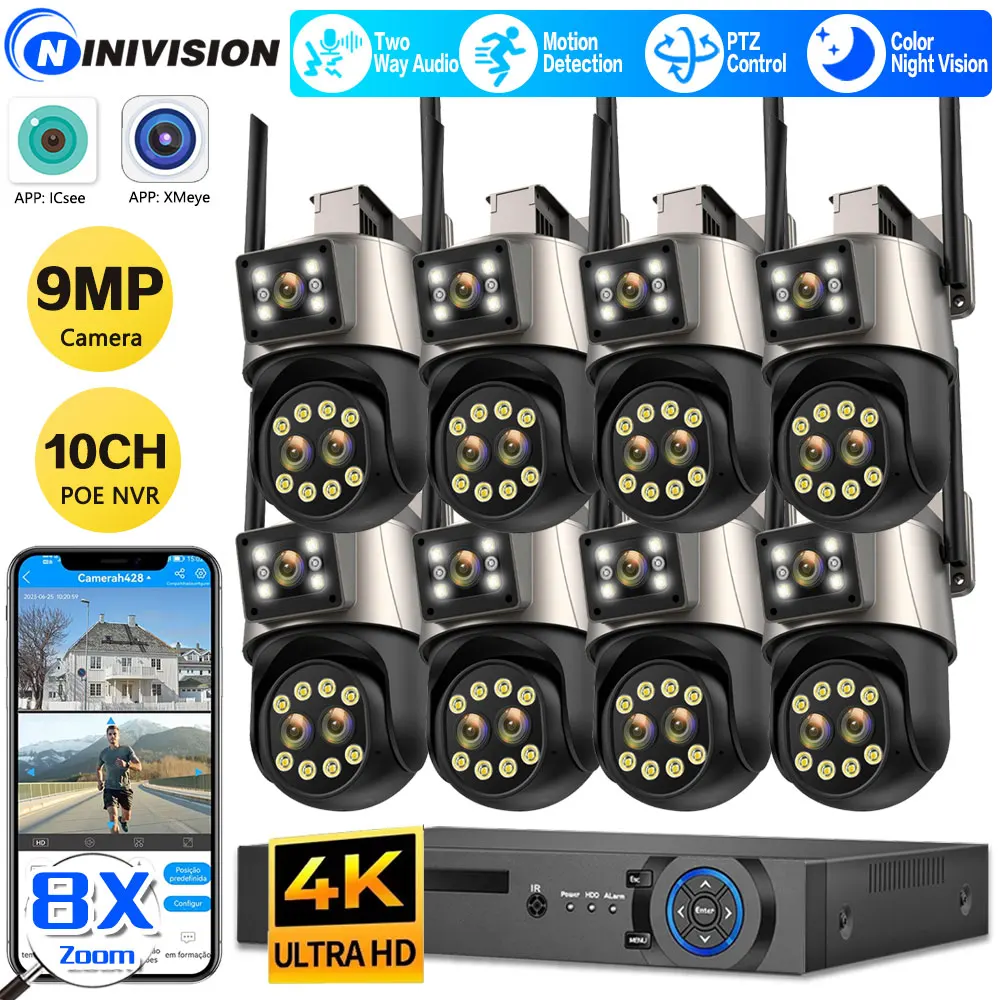 

4K 10CH NVR 8X Zoom 9MP CCTV PTZ Camera 3Lens Dual Screen Monitoring Real-time Alert ICSEE Notification WiFi Surveillance System