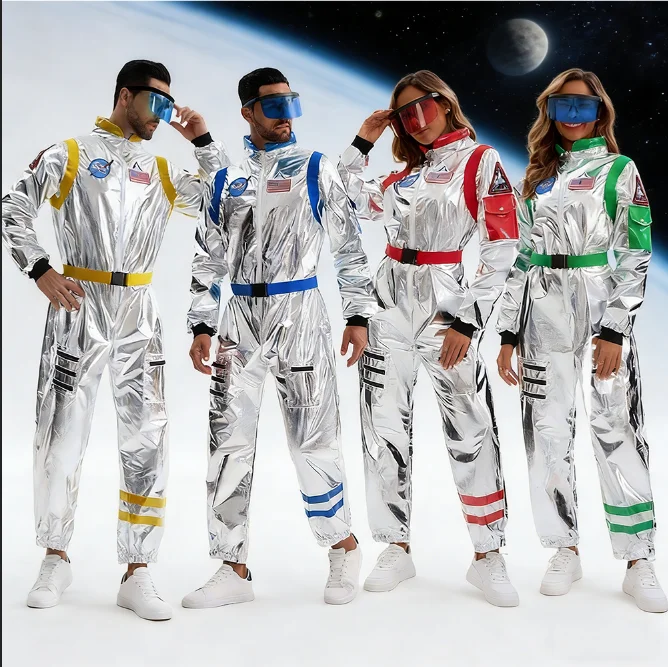 Disfraz de astronauta para adultos, traje de astronauta plateado para hombres y mujeres, vestido de fiesta de Carnaval y Halloween, mono de Cosplay de cosmonauta espacial
