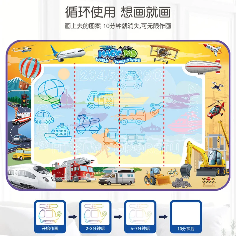 Kids Magic Water Drawing Mat Set, Reusable Water Writing Cloth with Water Pens, Tracing Boards and Stamp Roller, Portable