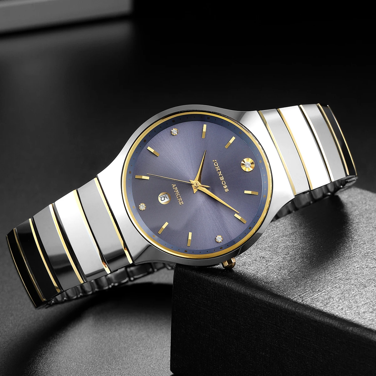 

JS round thin tungsten steel material strap date waterproof watch men's Switzerland quartz movement sapphire glass watch busine