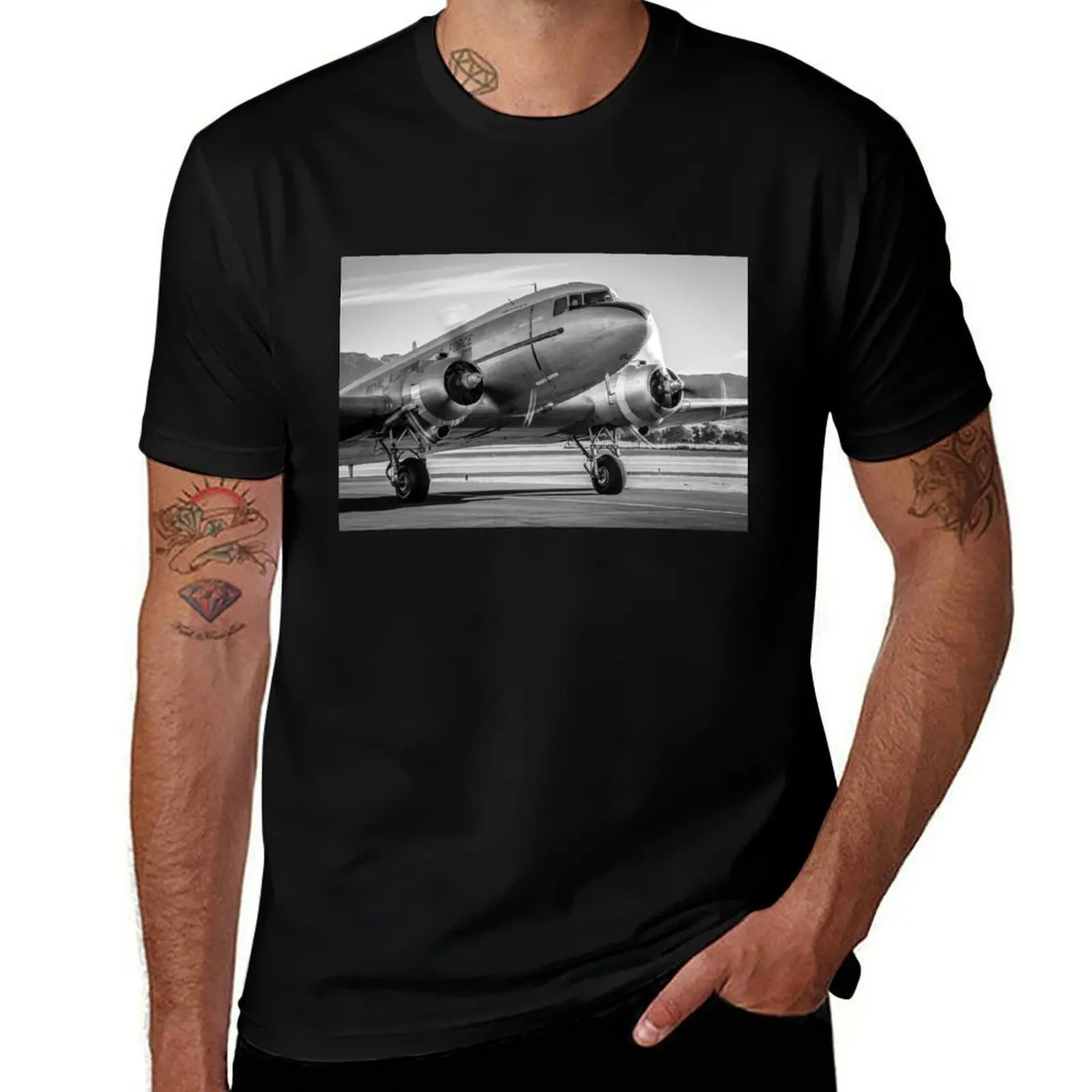 Vintage Plane - DC3 - Dakota - Retro Aeroplane Airplane T-Shirt Daily Casual Short Sleeve Tee Shirt T-Shirt