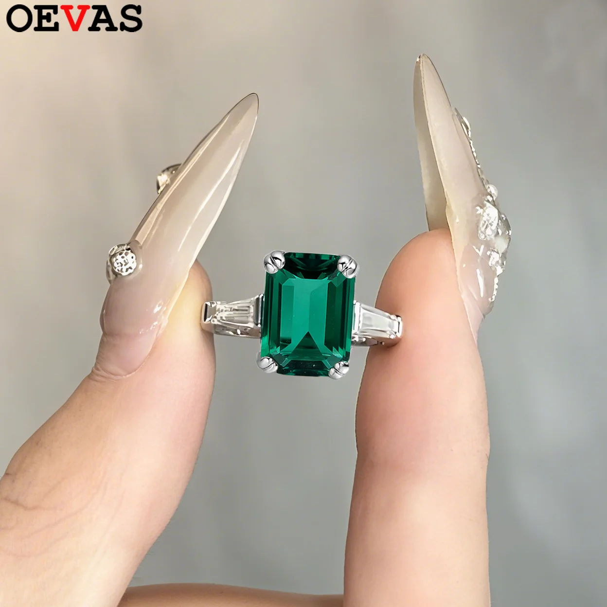 

OEVAS 1-4CT 8X10MM Lab Grown Colombian/Zambian Emerald Ring S925 Silver with Moissanite for Women Wedding Party Fine Jewelry