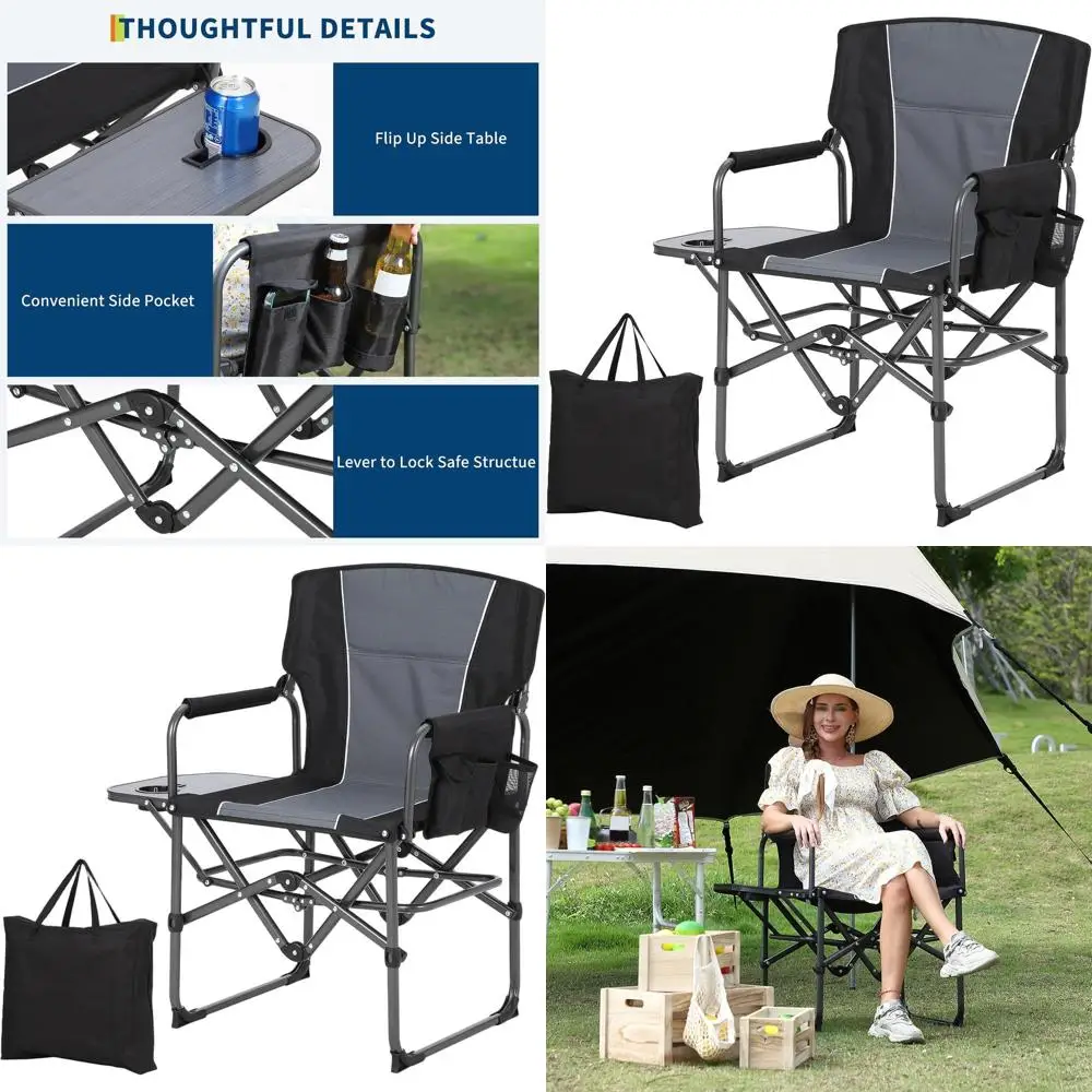 

Oversized Folding Director Camping Chair, 1 Pcs Heavy Duty Portable Outdoor Chair with Aluminum Side Table & Pocket, Support 400