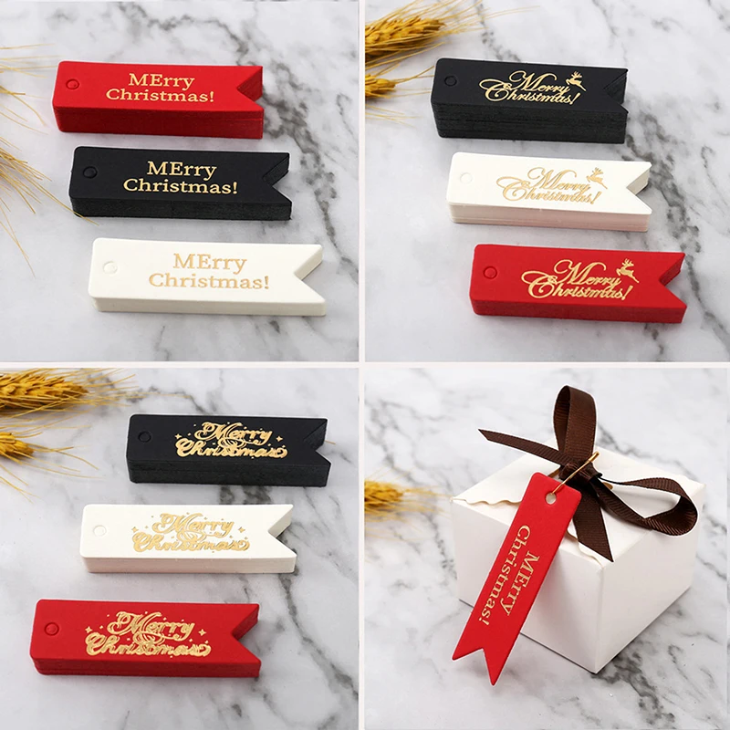 

100PCS Merry Christmas Gift Tags Bronzing Gold Candy Cookie Boxes Hang Tag Xmas Party Packaging DIY Supplies Navidad Noel 7x2cm