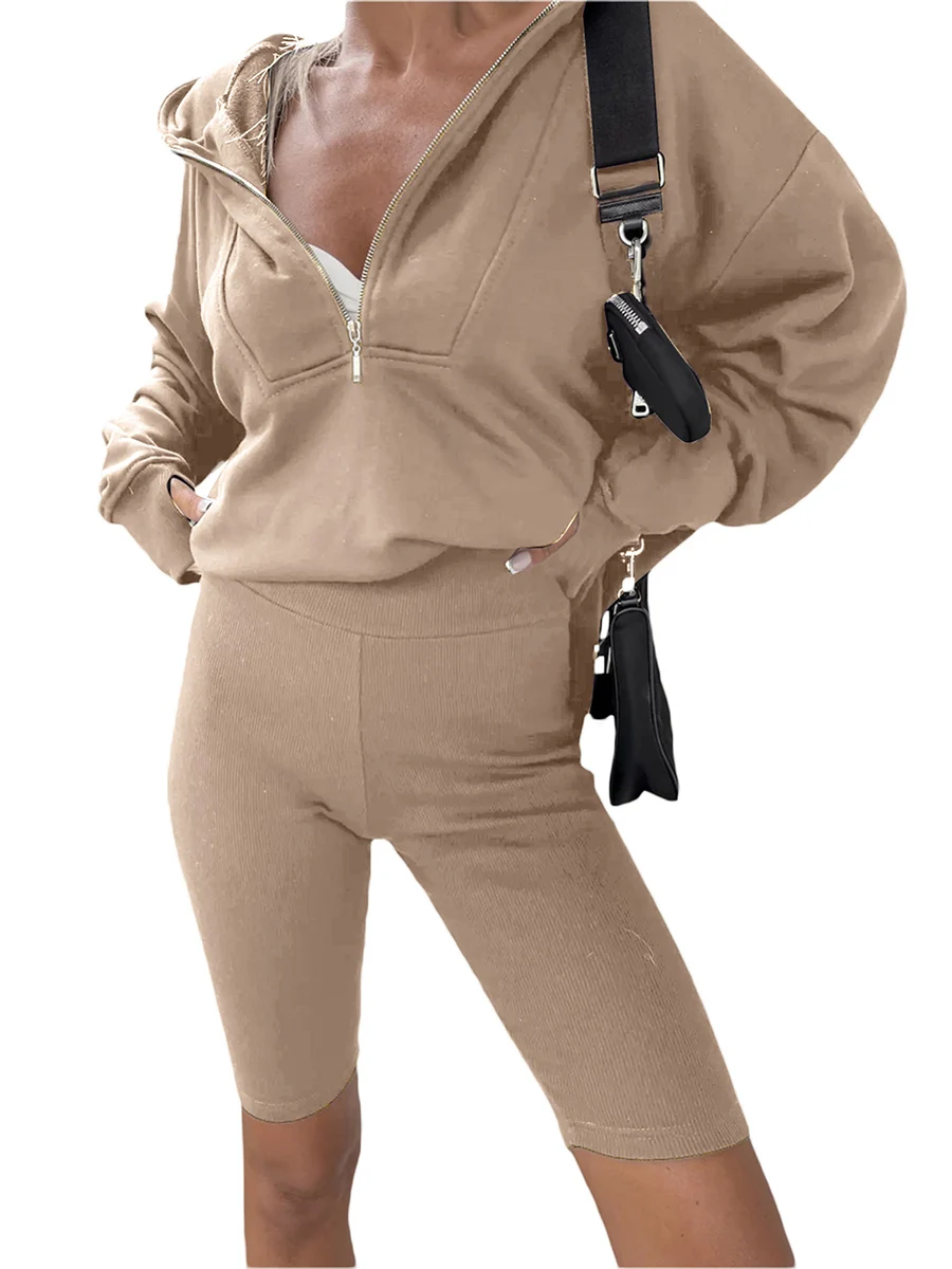 

Women Hoodies Sweatshirts Shorts Outfits Solid Color Zipper Long Sleeve Loose Tops and High Waist Shorts 2 Pieces Clothes Set