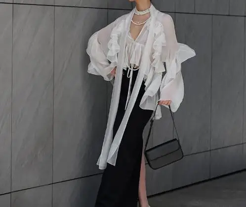 

2025 Fashionable Women's Top Spring and Summer New Latest Hot Selling Style Elegant Sexy Ruffled Ribbon Tencel Silk Shirt