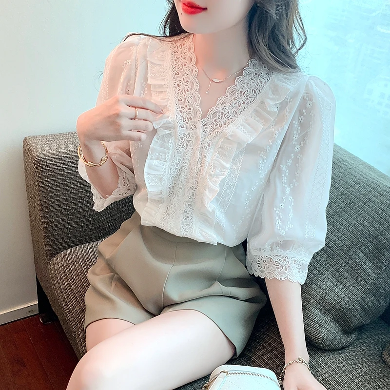 Summer New Lace V-Neck White Blouse Shirt Short Sleeve Blouse Women Blusas Mujer De Moda 2024 Verano Women Tops Blouses G471