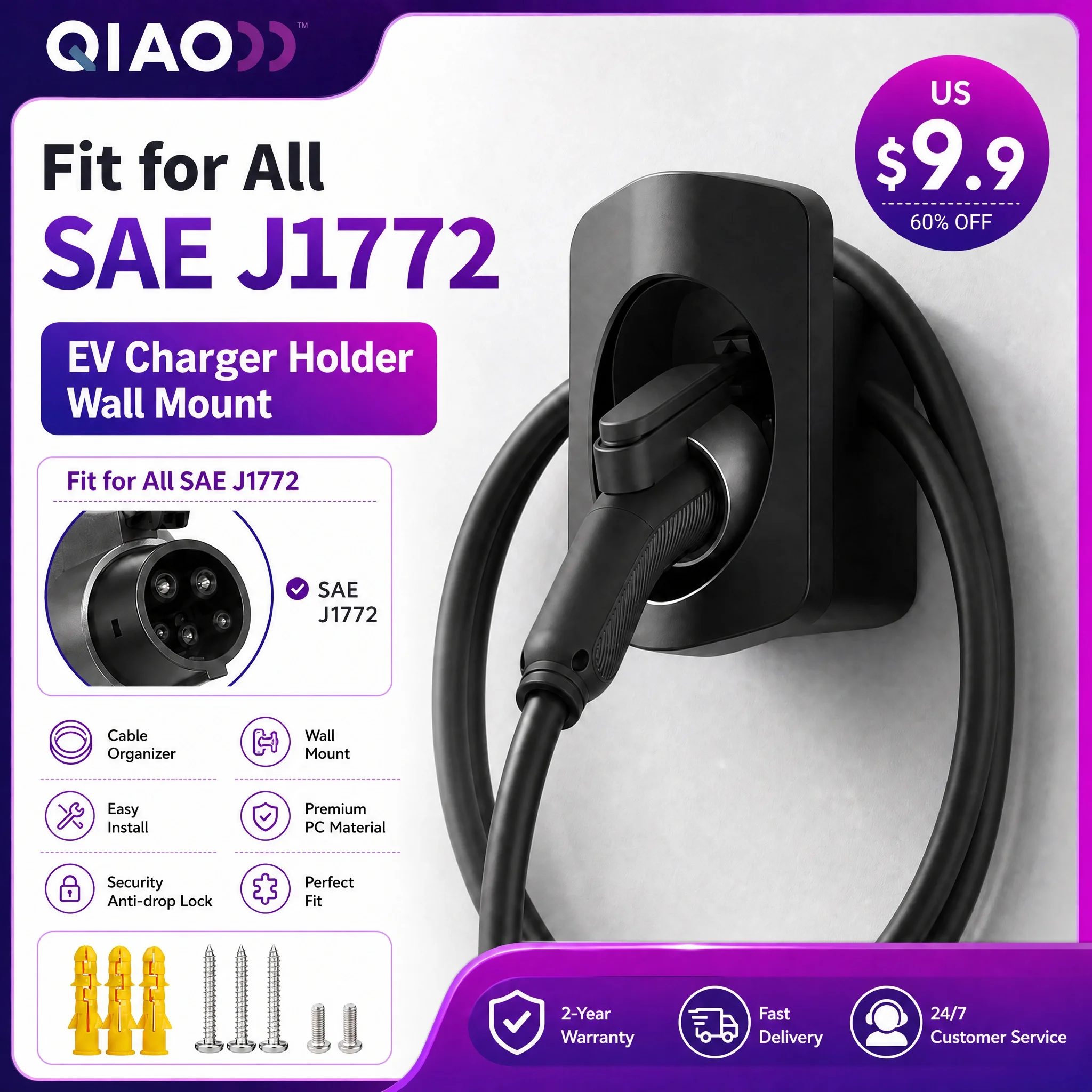 Type 1 EV Charger Holder Wall Mount SAE J1772 Electric Vehicle Car Charging Plug Dock Cable Organizer Charging Connector Bracket