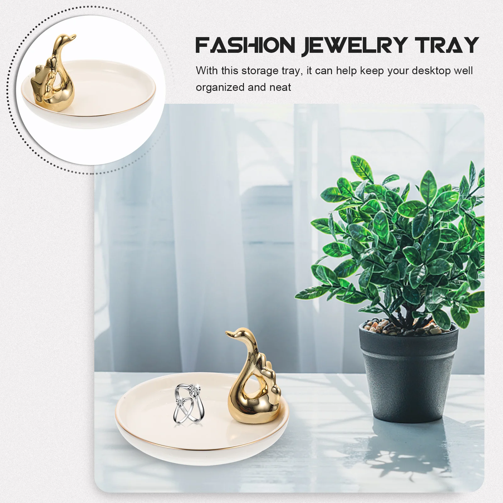 

Ceramic Jewelry Storage Tray Swan Decor Multifunctional Desktop Organizer for Rings Earrings Lipstick Sundries Holder Decorative