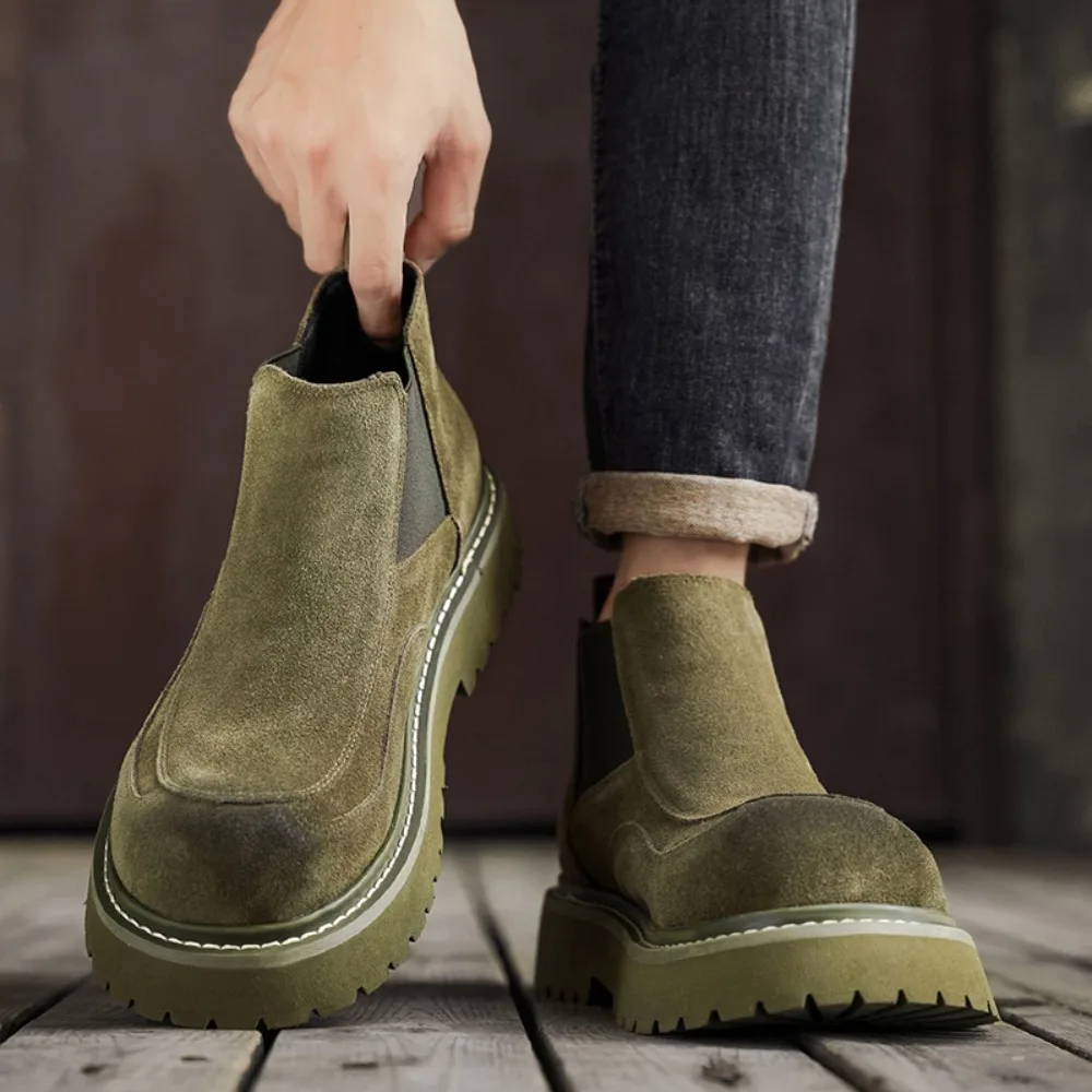 Autumn and winter leather boots outdoor high top casual short boots thick soled fashionable Chelsea boots English riding boots