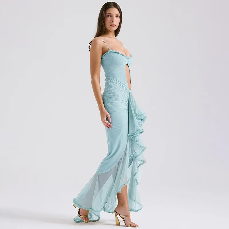 Tight Gabriella Keyhole & Ruffle Mesh Body-Con Gown 2024 Summer Women Irregular Fishtail Long Dress Elegant Party Evening Dress