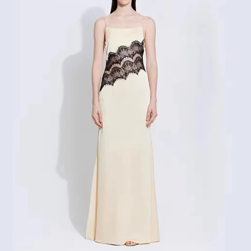 เดรสสายเดี่ยวเปิดไหล่ทรงเข้ารูป ผ้าซาตินยาว แต่งลูกไม้ ดีไซน์เรียบหรู สำหรับงานเลี้ยงตอนเย็น