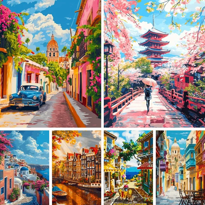 Rhinestones Embroidery Mediterranean Town Scenery Houses Street Picture Rhinestones Diamond Painting Mosaic Craft Home Decor