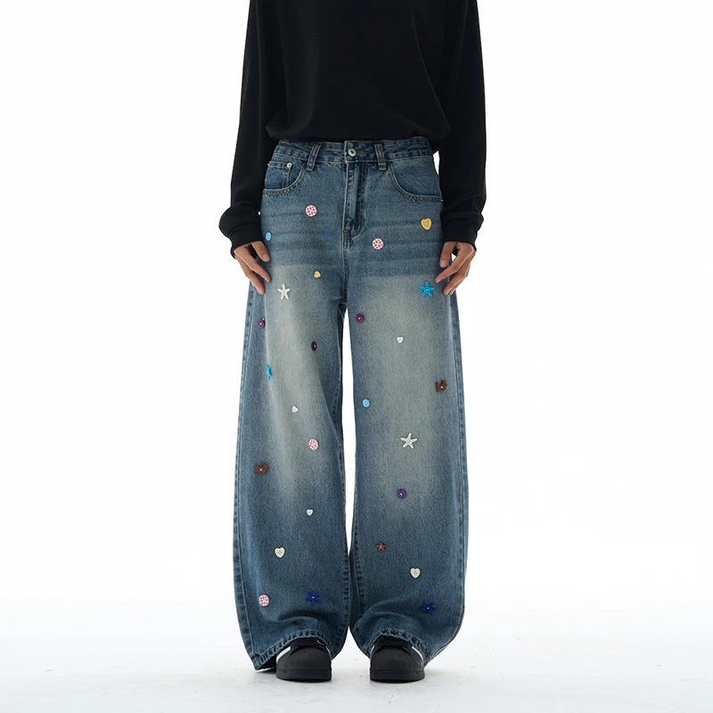 Niche Design Men's Denim Jeans Pants Hand-sewn Colored Button Decoration New Contrast Color Straight Leg Male Jeans Trendy