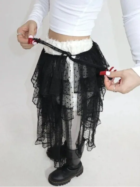 Spring New Design Multi-Layer Lace Transparent Mesh Belted Women's Half Skirt Korean Style Regular Fit Inner Wear Casual Skirt