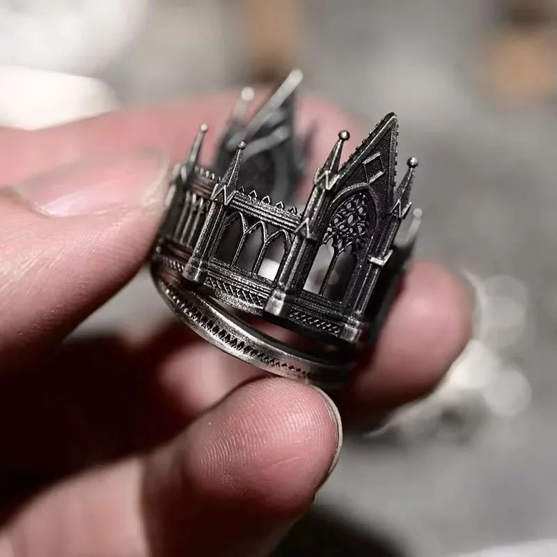 Vintage Silver Gothic Cathedral Ring For Men Opening Adjustable Design Medieval Architecture Jewelry Statement Gift