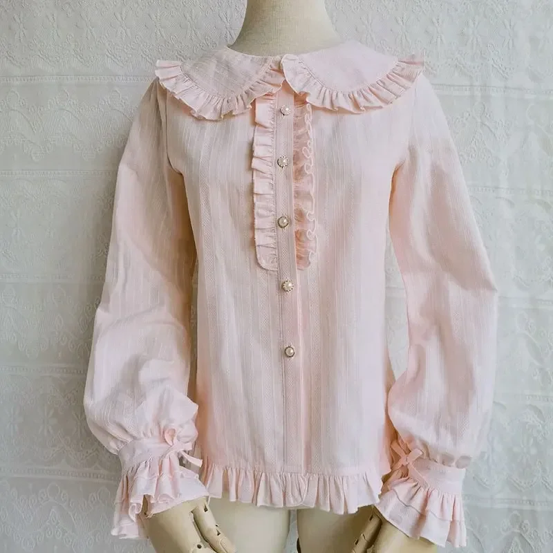 Ruffled Lolita Blouse Long Sleeve Peter Pan Collar Shirt by Yilia