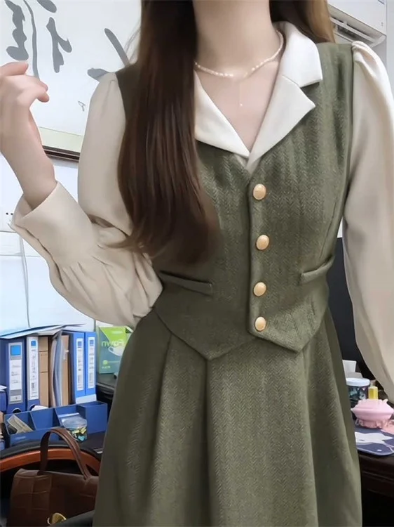 

plus Size Women's Korean Sle Vest Dr Slimming Waist A-Line Skirt Long Sve Spring Faion Ci Commute Suitable Dr