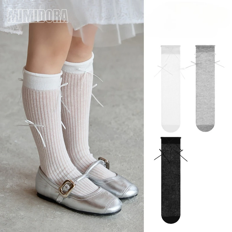 1 Pair Ins Simplicity Kids Girls Knee-Hig Socks Summer Thin Mesh Bow Ribbon Stockings for Baby Mosquito-Proof Children Sock