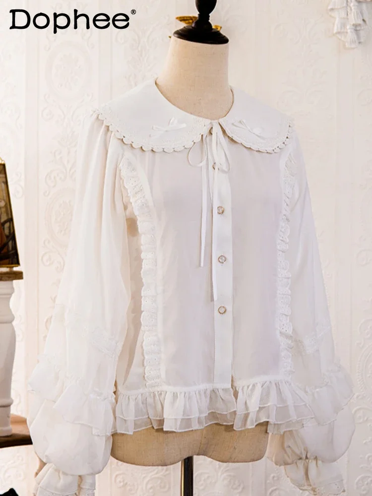 

Large Lantern Sleeve Lolita Inner Blouse Women 2024 Spring Summer Sweet Doll Collar Loose Ruffled Single-Breasted White Shirt