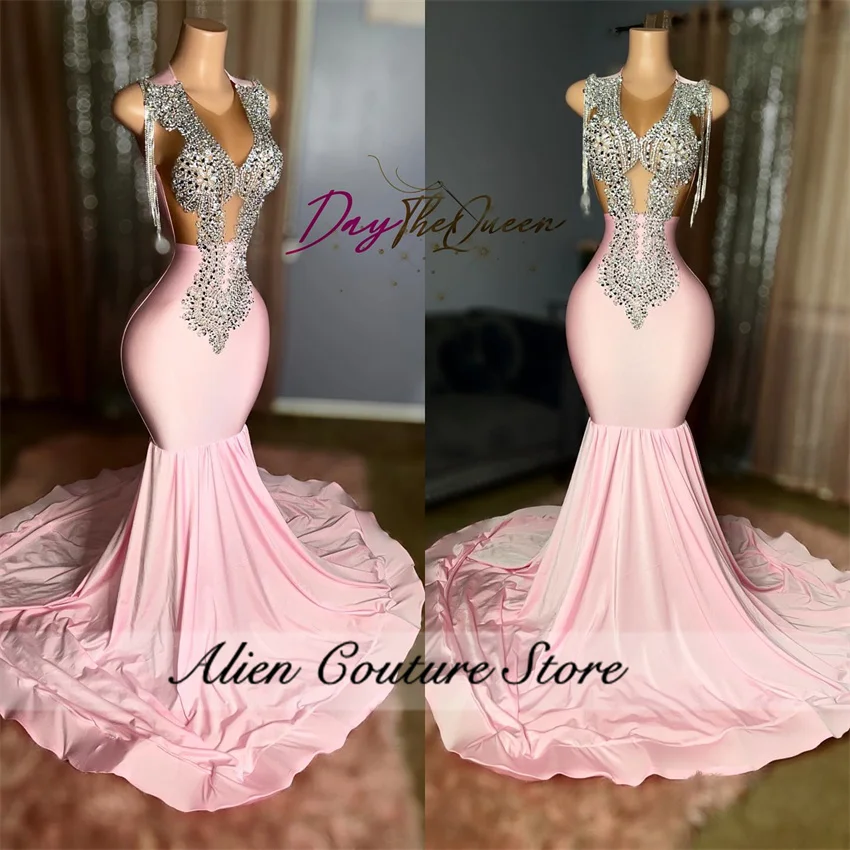 Luxury Pink Diamonds Mermaid Prom Dress Glitter Beads Rhinestones Birthday Party Dress Tassels Elegant Party Dresses Customized 