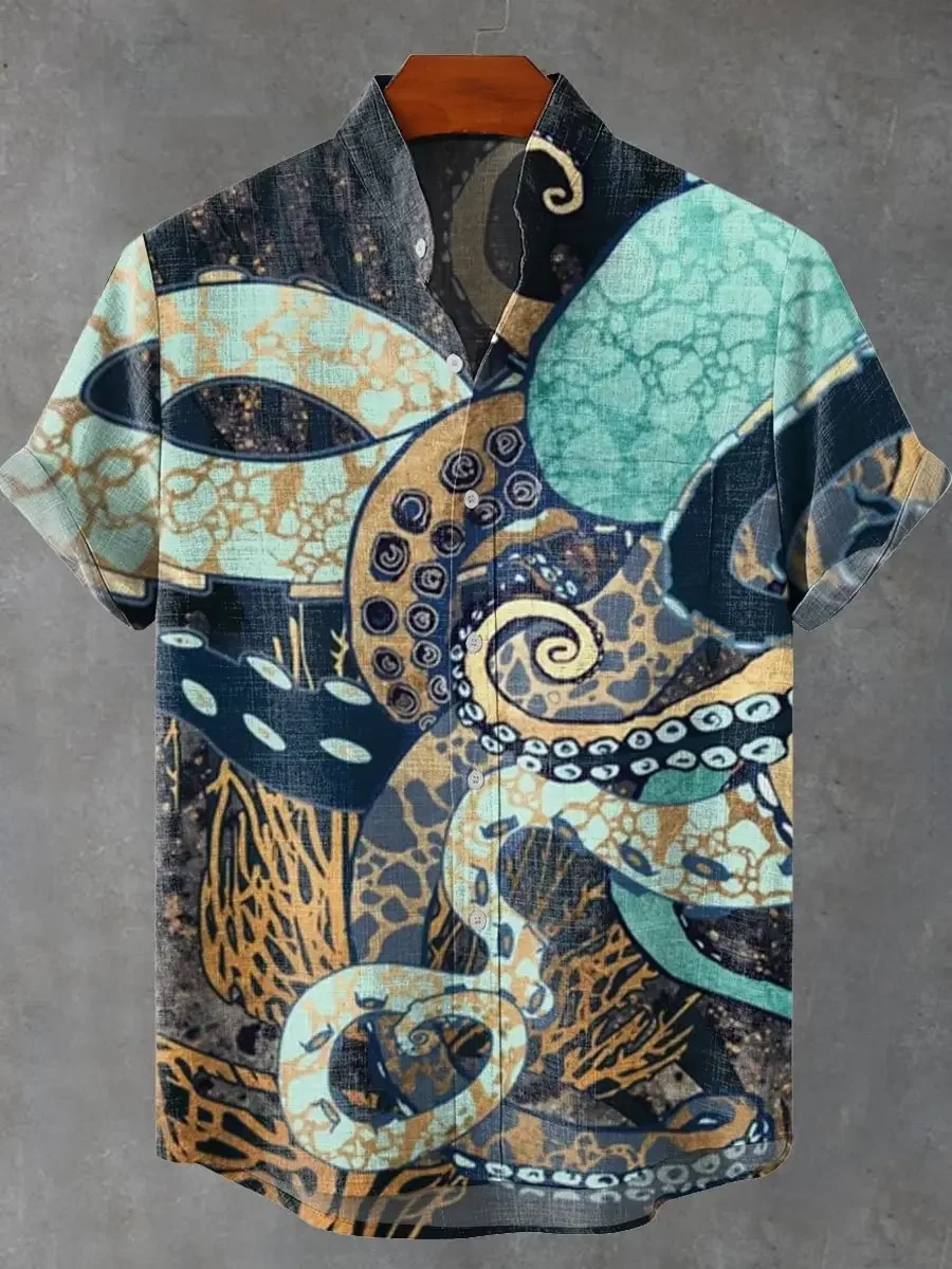 

Octopus print, men's short sleeved shirt, loose top, outdoor street style, casual and comfortable