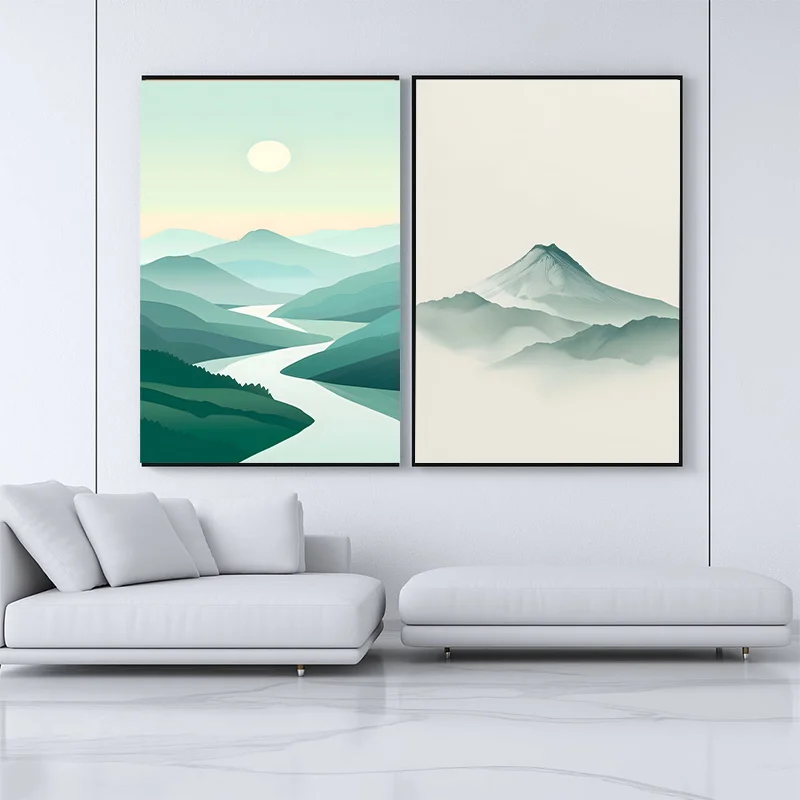 

Chinese Ink Wash Landscape Wall Art – Mountain River Scenery Canvas Prints for Home Living Room Bedroom Decor
