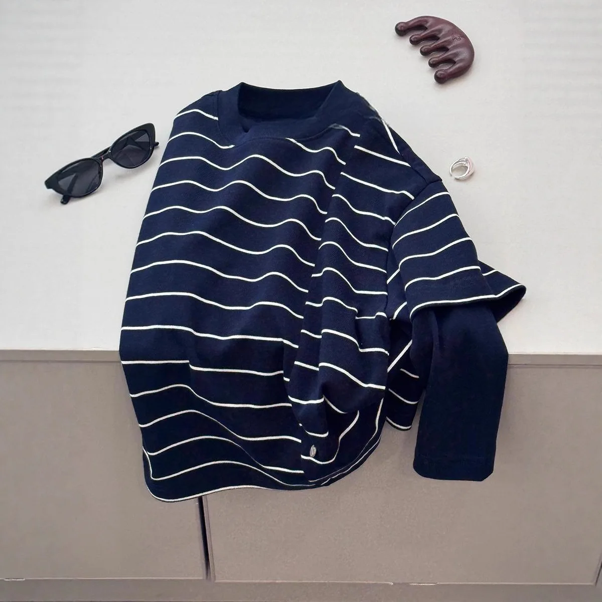 2025 Autumn Children's and Boys' Vacation Two-piece Spliced Long Sleeved T-shirt Striped Top for Middle-aged Children