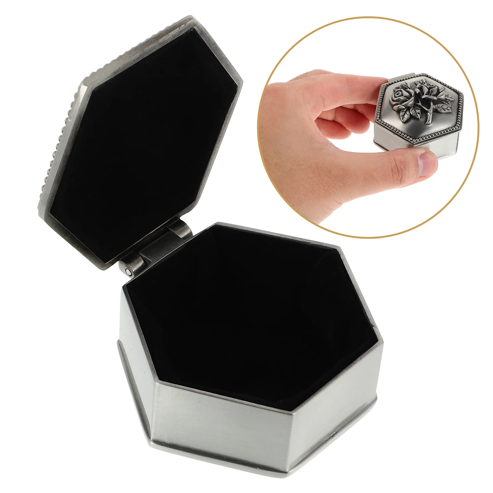 

Hexagon Metal Jewelry Box Rose Embossed Vintage Design Small Decorative Storage Case For Rings Trinkets Accessories Gift