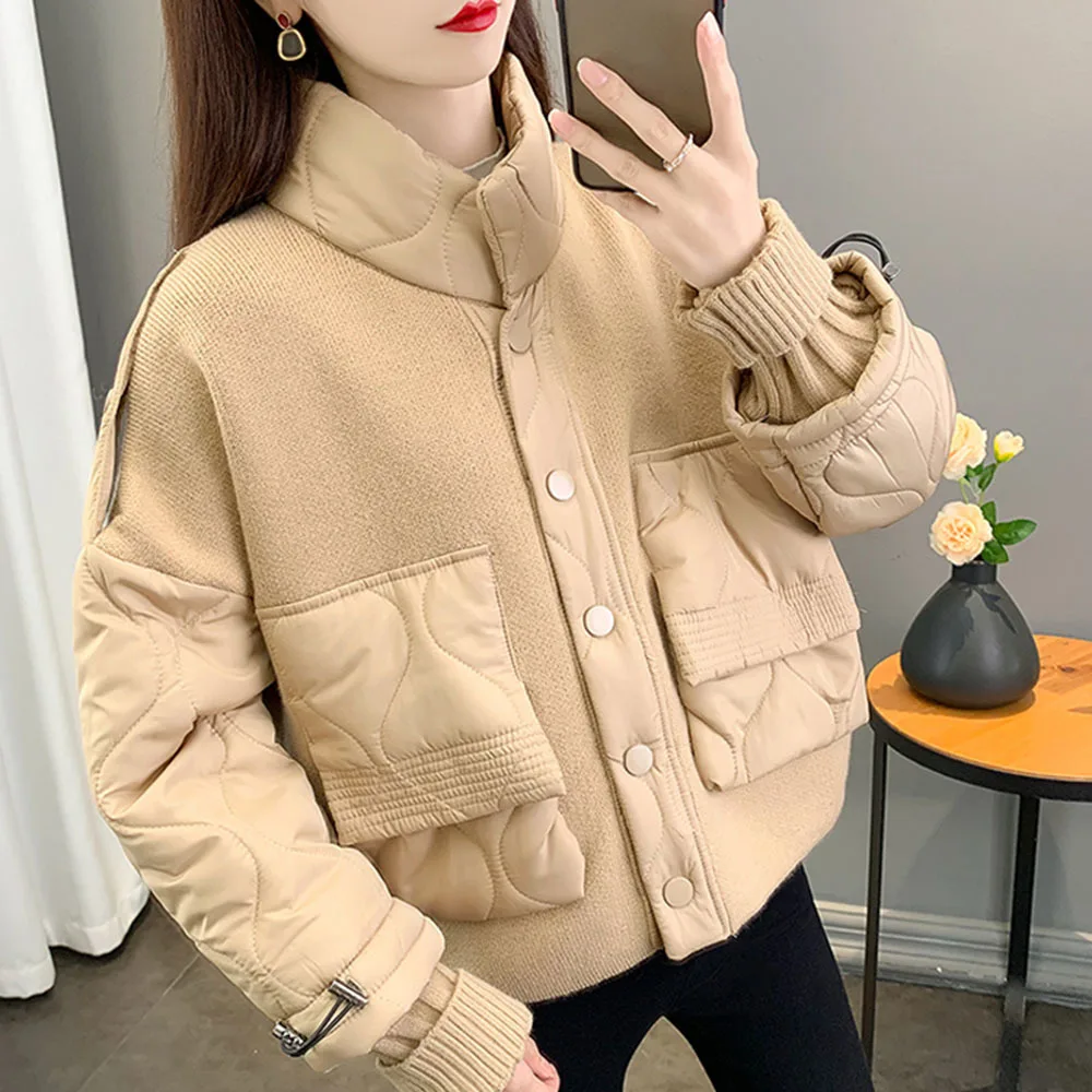 Stand Collar Cotton Coat Female Casual Splicing Single Breasted Jacket 2023 Autumn Winter Fashion Thicken Cardigan Short Outwear