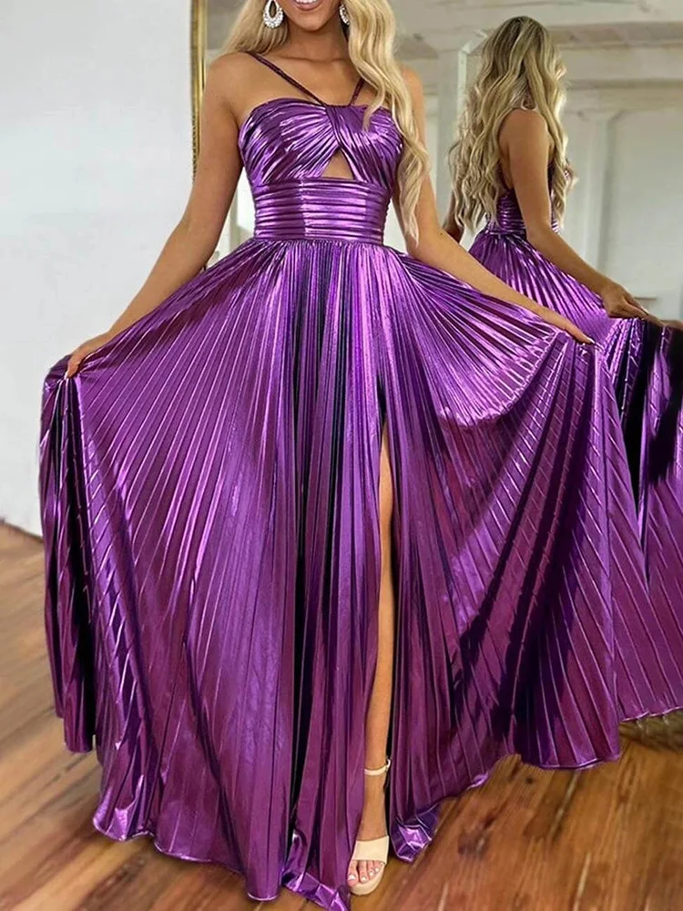 Women\'s Clothing Halter High Waist Long Dress Sexy Hollow Out Sleeveless Pleated Evening Dress Casual Backless Swing Robe Dress
