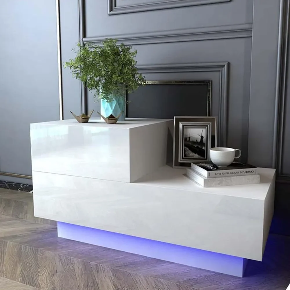 

LED Nightstand with 2 Drawers, Modern White Night Stands with Multi-color LED Lights and 2 High Gloss Drawers